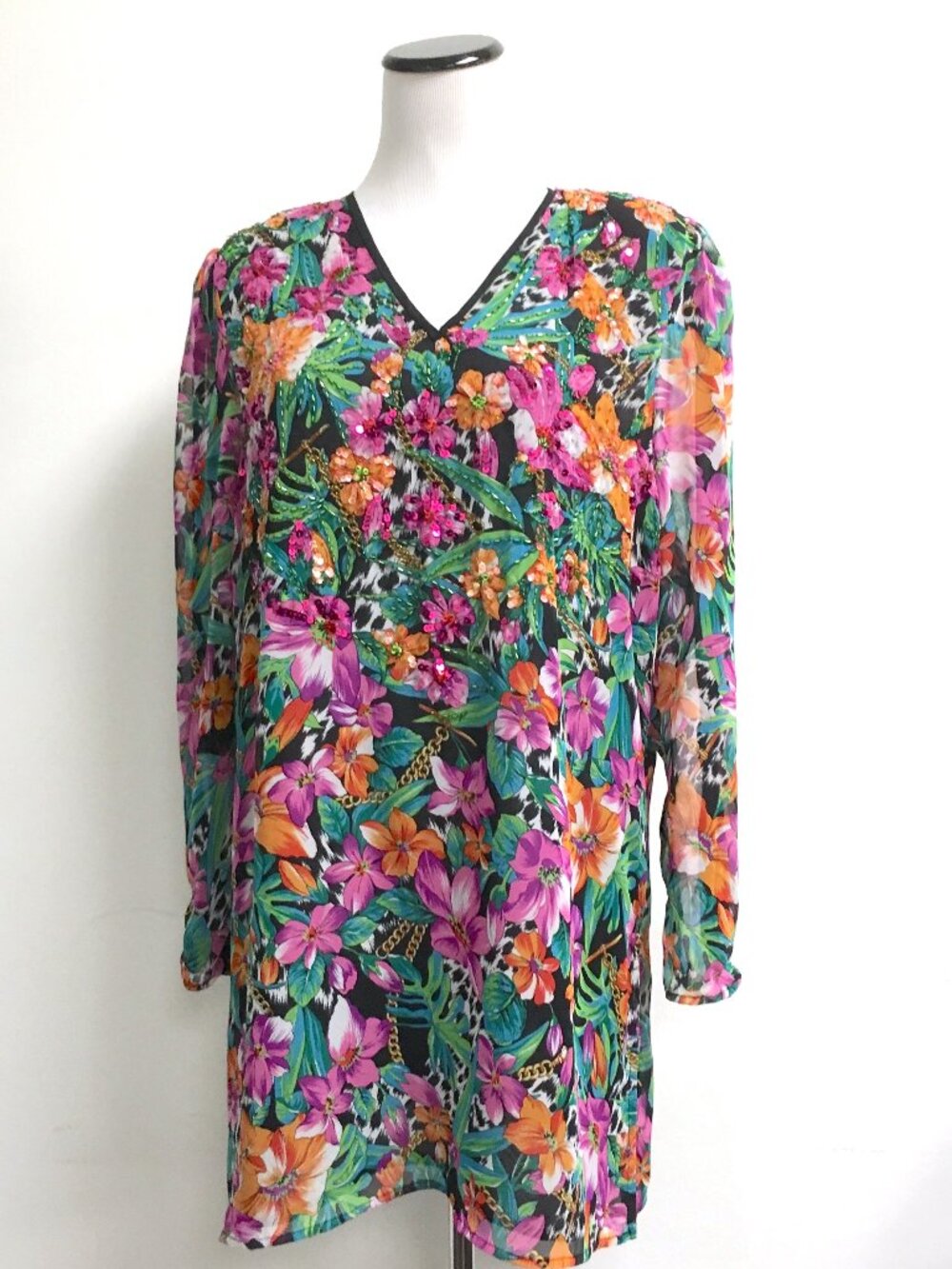 Diane Freis black floral print long sleeve silk shift dress sequins L Vintage
